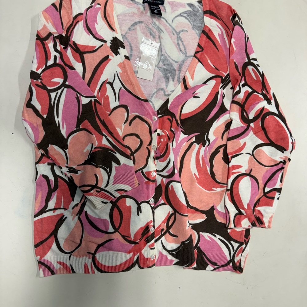 New York & Company Pink Coral Multi Floral Button-Front Cardigan